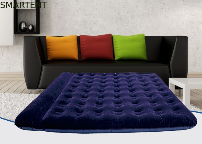 Foldable PVC Flocked Air Bed Luxury Dark Blue Double Inflatable Mattress Built-In Pillow supplier